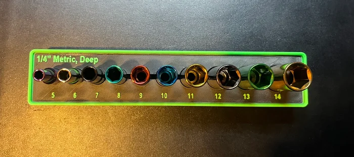 Gridfinity Pittsburgh Pro 1/4" Metric Deep Color-Coded Socket Organizer (Harbor Freight 67868/61298), a preview image from Printables