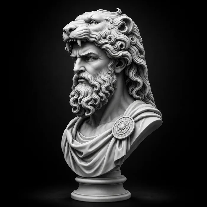 Hercules Lion Crown Bust STL | Greek Mythology Sculpture | Heracles Warrior Bust | 3D Print Statue File, a preview image from Printables
