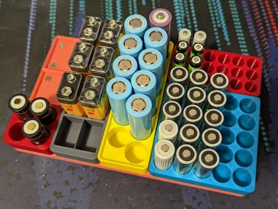 Gridfinity Battery Trays (AA, AAA, AAAA, 18650, CR123, CR2, 9V, 21700, C, D), a preview image from Printables